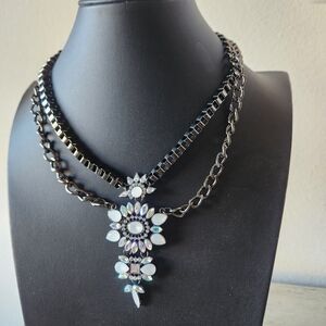 J. Crew Iridescent Crystal Statement Necklace with Gunmetal Chains